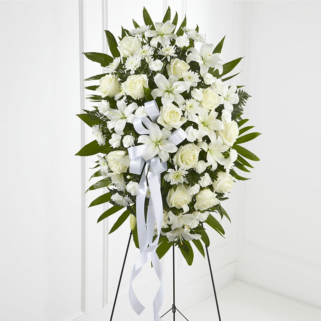 Exquisite Tribute Standing Spray-White Ribbon – My Sisters Garden, Higginsville MO