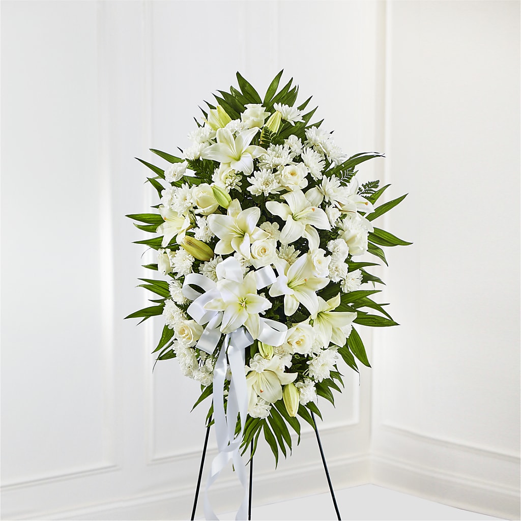 Exquisite Tribute Standing Spray-White Ribbon – My Sisters Garden, Higginsville MO