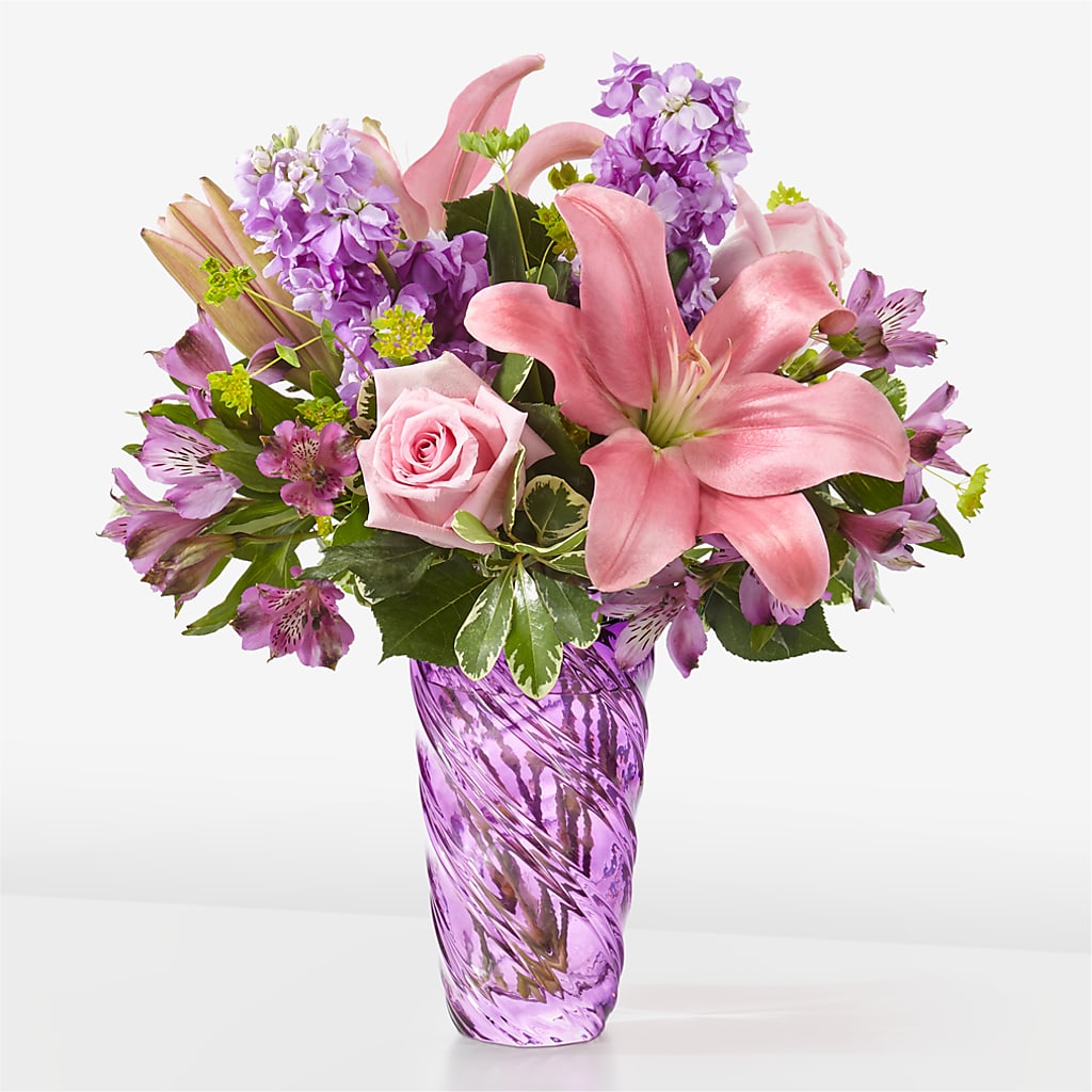 Precious Petals Bouquet with Luxe Swirl Vase – My Sisters Garden, Higginsville MO