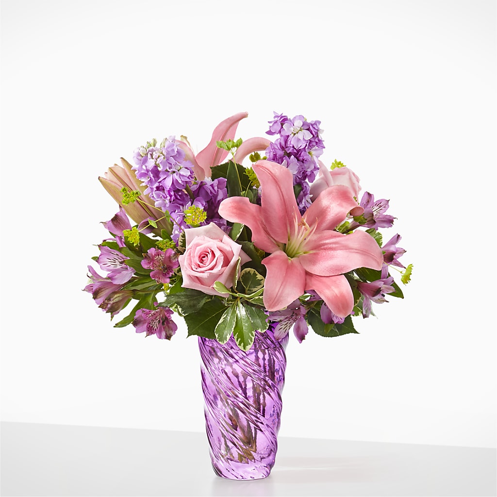 Precious Petals Bouquet with Luxe Swirl Vase – My Sisters Garden, Higginsville MO